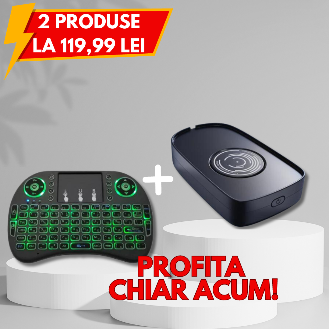 PROMOTIE: Tastatura mini wireless 3 in 1 compatibila Smart TV+ Suport incarcator pentru mouse, cu functie NoSleep pentru calculator
