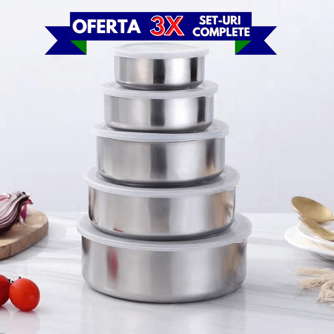 SET 5x Caserole depozitare alimente din inox - Oricare.ro